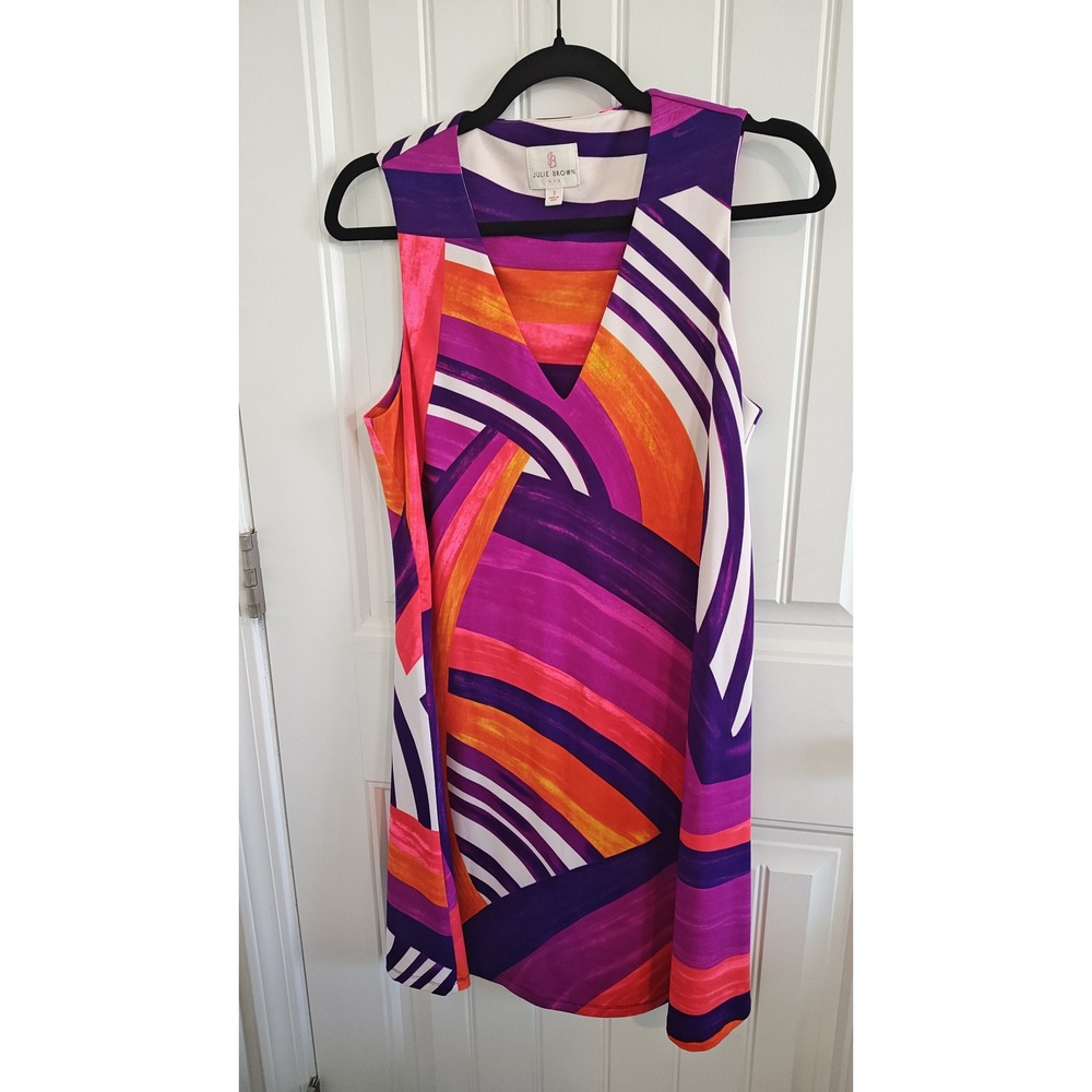 Julie Brown Women V-Neck Sleeveless Shift Dress Pink Purple Orange Size Small